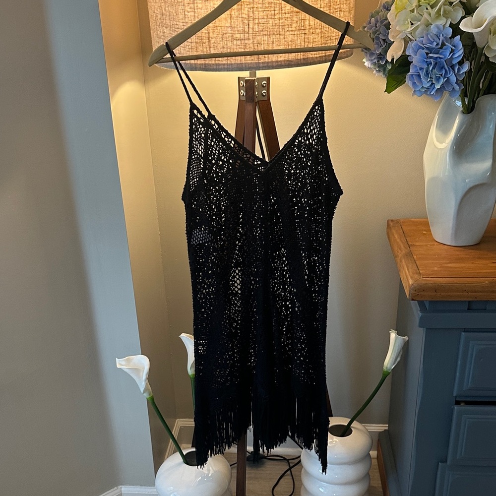 Polo by Ralph Lauren Black Fringe Crochet Coverup Swim Dress